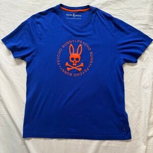 Psycho Bunny Mens T-Shirt Blue Orange Graphic Logo Pima Cotton Tee